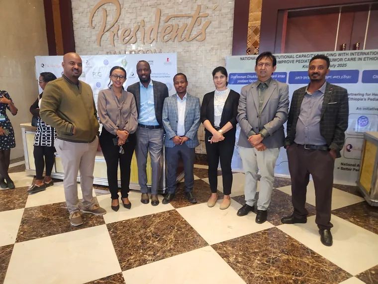 Dr. Neema Bhat with doctors at a programme to improve pediatric tumour care in Ethiopia